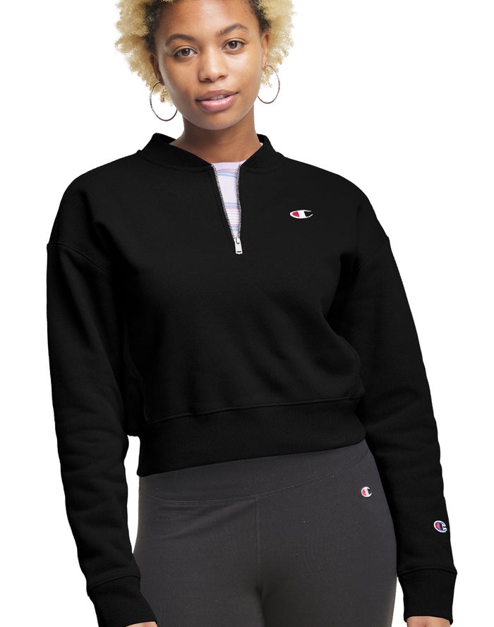 Champion Sweatshirt Dames - Zwart - Reverse Weave Cropped 1/4 Zip ( 409376-GLB )